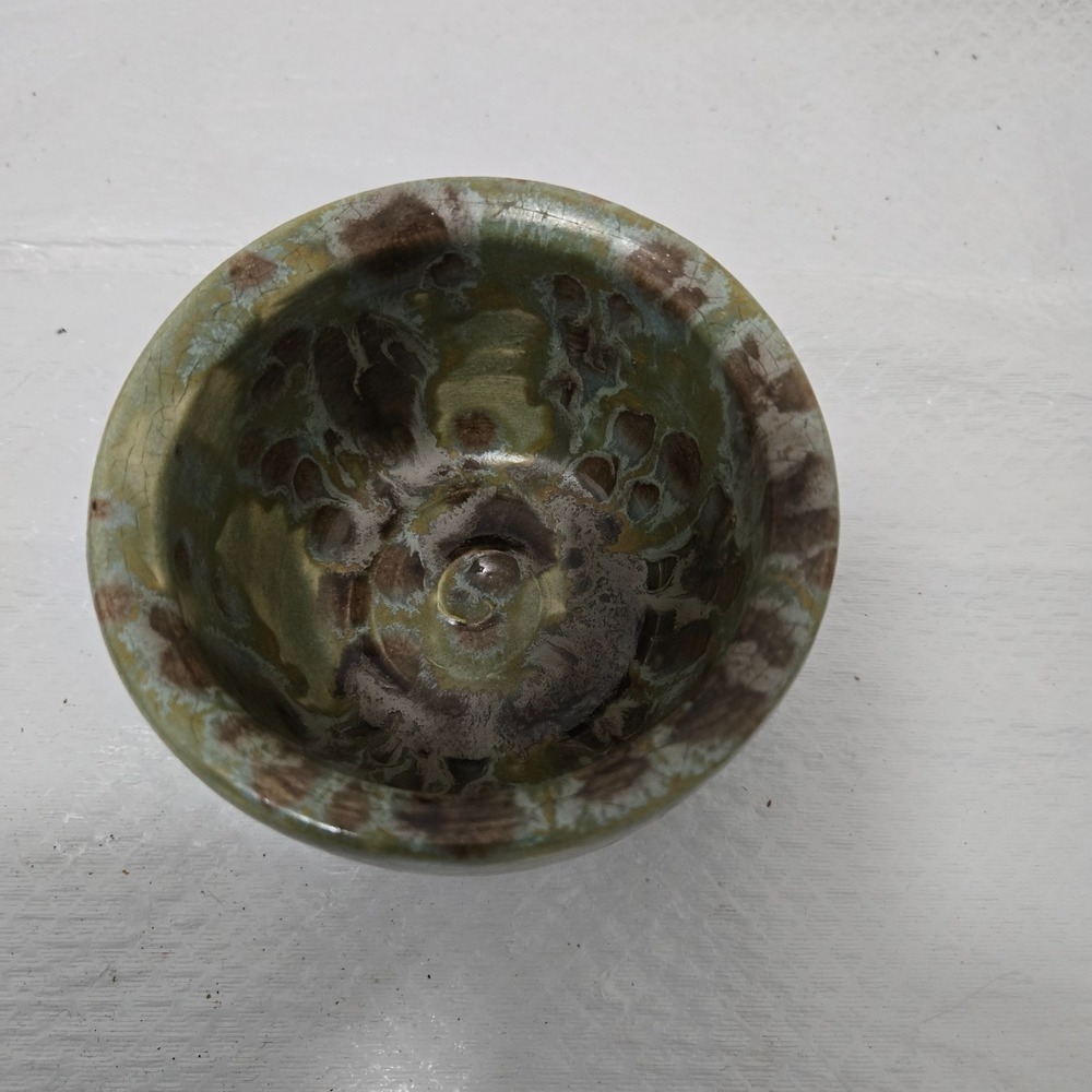 Studio Art Pottery Golden Green & Brown Drip Crackle Glaze Ceramic Bowl
